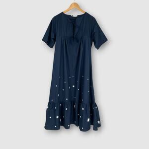 Fanm Mon Navy Star Embroidered Tie-Front Tiered Midi Dress XS